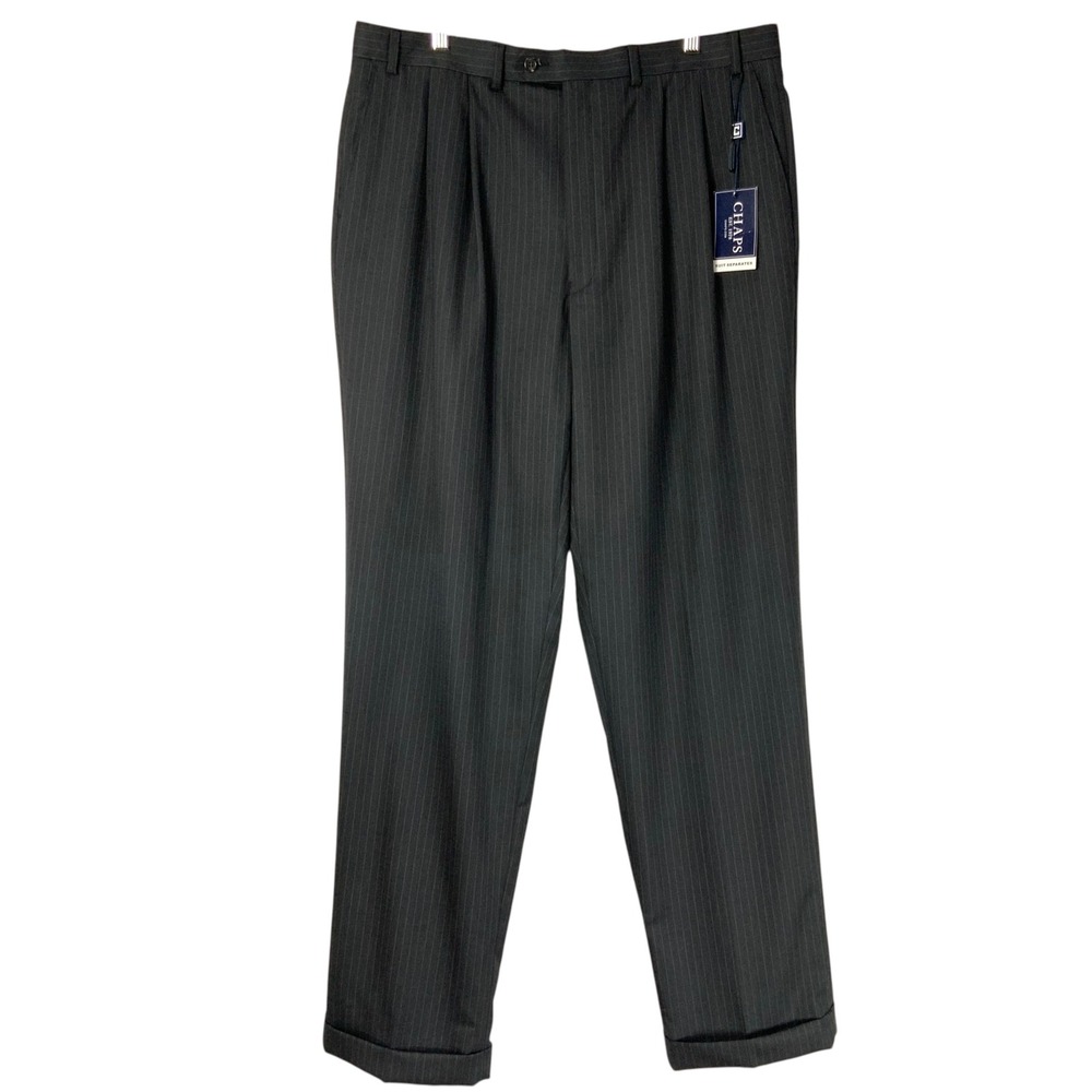 Chaps Suit Separates Pleated Pinstripe Wool Dress Pants Charcoal 38x34 Cuffed